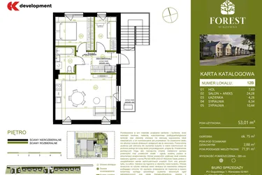 Rzut - Mieszkanie na sprzedaż 3 pokoje o powierzchni 53,01 m² - numer 12B w Wiązowna Forest