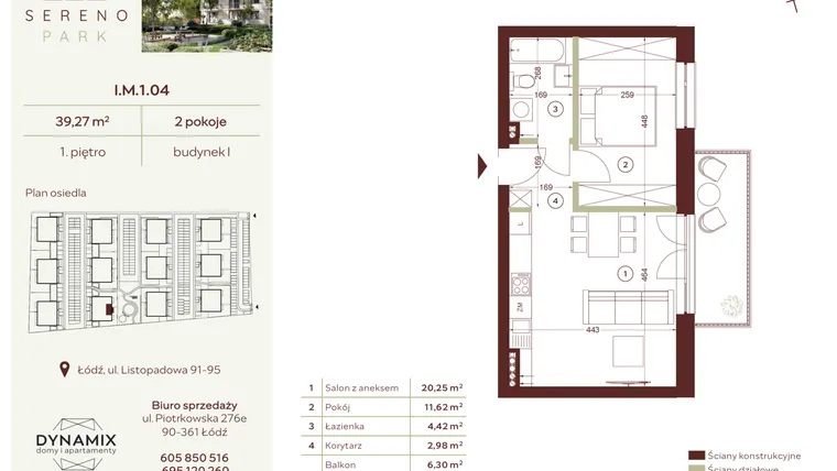 Rzut - Mieszkanie na sprzedaż 2 pokoje o powierzchni 39,27 m² - numer I.M.1.04 w Sereno Park