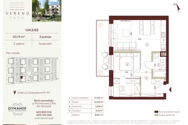 Rzut - Mieszkanie na sprzedaż 2 pokoje o powierzchni 50,19 m² - numer I.M.2.02 w Sereno Park