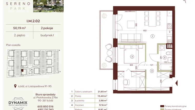 Rzut - Mieszkanie na sprzedaż 2 pokoje o powierzchni 50,19 m² - numer I.M.2.02 w Sereno Park