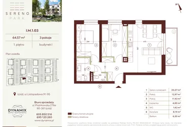 Rzut - Mieszkanie na sprzedaż 3 pokoje o powierzchni 64,57 m² - numer I.M.1.03 w Sereno Park