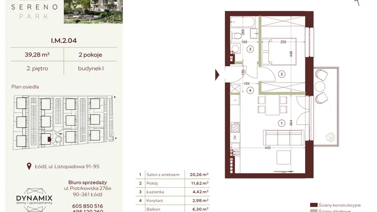 Rzut - Mieszkanie na sprzedaż 2 pokoje o powierzchni 39,28 m² - numer I.M.2.04 w Sereno Park