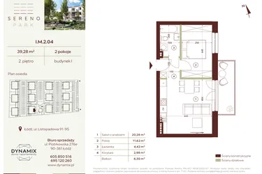 Rzut - Mieszkanie na sprzedaż 2 pokoje o powierzchni 39,28 m² - numer I.M.2.04 w Sereno Park