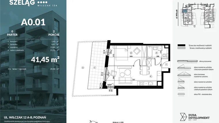 Rzut - Mieszkanie na sprzedaż 2 pokoje o powierzchni 41,45 m² - numer A0.01 w Dobry Szeląg