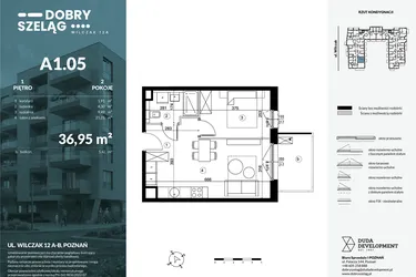 Rzut - Mieszkanie na sprzedaż 2 pokoje o powierzchni 36,95 m² - numer A1.05 w Dobry Szeląg