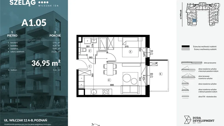 Rzut - Mieszkanie na sprzedaż 2 pokoje o powierzchni 36,95 m² - numer A1.05 w Dobry Szeląg