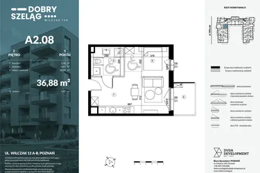 Rzut - Mieszkanie na sprzedaż 1 pokój o powierzchni 36,88 m² - numer A2.08 w Dobry Szeląg