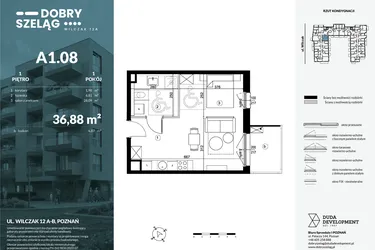Rzut - Mieszkanie na sprzedaż 1 pokój o powierzchni 36,88 m² - numer A1.08 w Dobry Szeląg