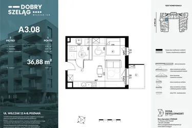 Rzut - Mieszkanie na sprzedaż 1 pokój o powierzchni 36,88 m² - numer A3.08 w Dobry Szeląg