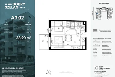Rzut - Mieszkanie na sprzedaż 2 pokoje o powierzchni 33,9 m² - numer A3.02 w Dobry Szeląg