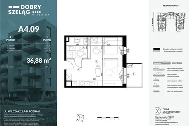 Rzut - Mieszkanie na sprzedaż 1 pokój o powierzchni 36,88 m² - numer A4.09 w Dobry Szeląg