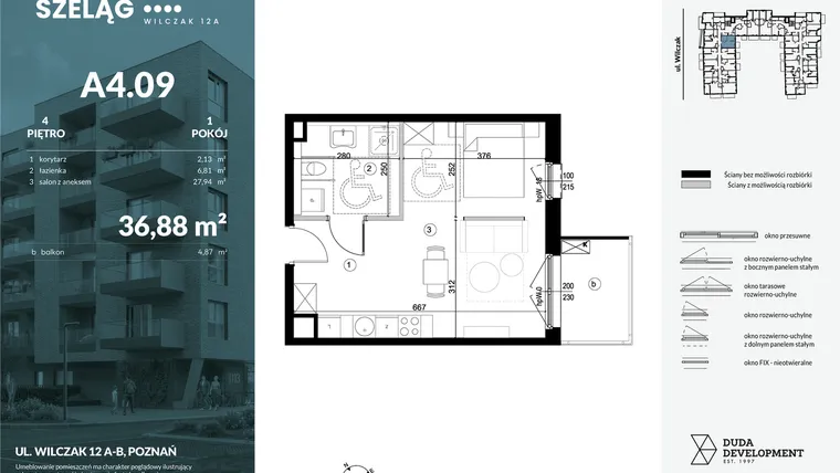 Rzut - Mieszkanie na sprzedaż 1 pokój o powierzchni 36,88 m² - numer A4.09 w Dobry Szeląg