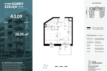 Rzut - Mieszkanie na sprzedaż 1 pokój o powierzchni 28,05 m² - numer A3.09 w Dobry Szeląg