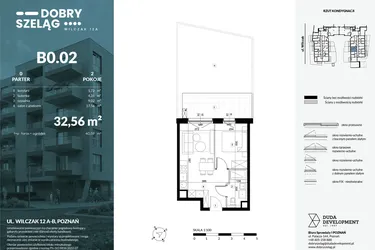 Rzut - Mieszkanie na sprzedaż 2 pokoje o powierzchni 32,56 m² - numer B0.02 w Dobry Szeląg