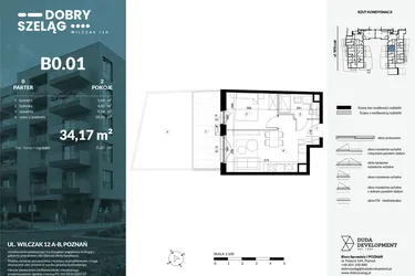 Rzut - Mieszkanie na sprzedaż 2 pokoje o powierzchni 34,17 m² - numer B0.01 w Dobry Szeląg
