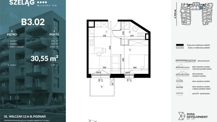 Rzut - Mieszkanie na sprzedaż 1 pokój o powierzchni 30,55 m² - numer B3.02 w Dobry Szeląg