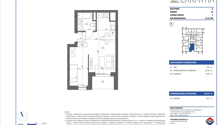 Rzut - Mieszkanie na sprzedaż 1 pokój o powierzchni 33,32 m² - numer A.13.124 w Osiedle Carpatia Etap III