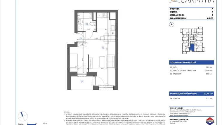 Rzut - Mieszkanie na sprzedaż 1 pokój o powierzchni 33,48 m² - numer A.7.70 w Osiedle Carpatia Etap III