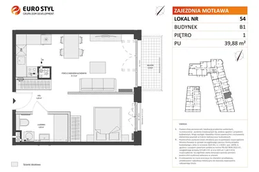Rzut - Mieszkanie na sprzedaż 1 pokój o powierzchni 39,88 m² - numer B1.54 w Zajezdnia Motława