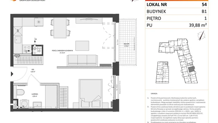 Rzut - Mieszkanie na sprzedaż 1 pokój o powierzchni 39,88 m² - numer B1.54 w Zajezdnia Motława