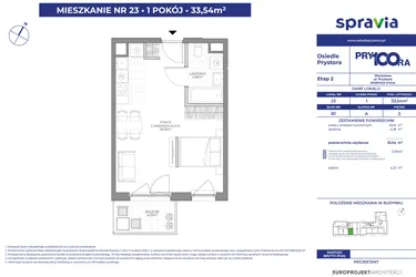 Rzut - Mieszkanie na sprzedaż 1 pokój o powierzchni 33,54 m² - numer B1_23 w Osiedle Prystora Etap 2