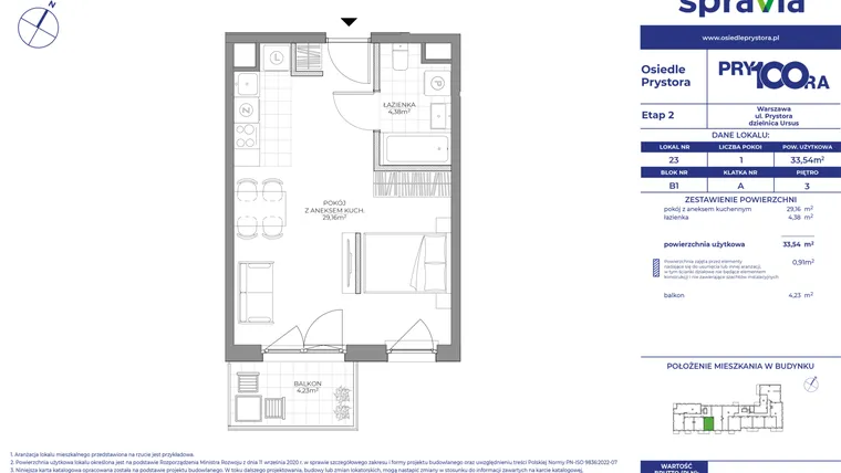 Rzut - Mieszkanie na sprzedaż 1 pokój o powierzchni 33,54 m² - numer B1_23 w Osiedle Prystora Etap 2