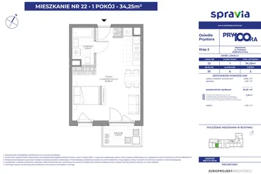 Rzut - Mieszkanie na sprzedaż 1 pokój o powierzchni 34,25 m² - numer B1_22 w Osiedle Prystora Etap 2