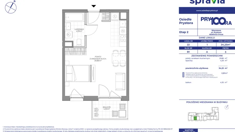 Rzut - Mieszkanie na sprzedaż 1 pokój o powierzchni 34,25 m² - numer B1_22 w Osiedle Prystora Etap 2