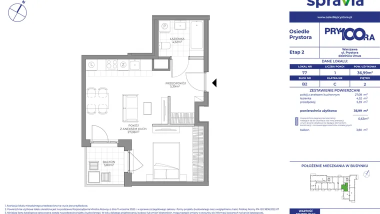 Rzut - Mieszkanie na sprzedaż 1 pokój o powierzchni 36,99 m² - numer B2_77 w Osiedle Prystora Etap 2