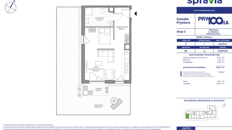 Rzut - Mieszkanie na sprzedaż 1 pokój o powierzchni 45,1 m² - numer B1_2 w Osiedle Prystora Etap 2