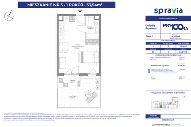 Rzut - Mieszkanie na sprzedaż 1 pokój o powierzchni 33,54 m² - numer B1_5 w Osiedle Prystora Etap 2
