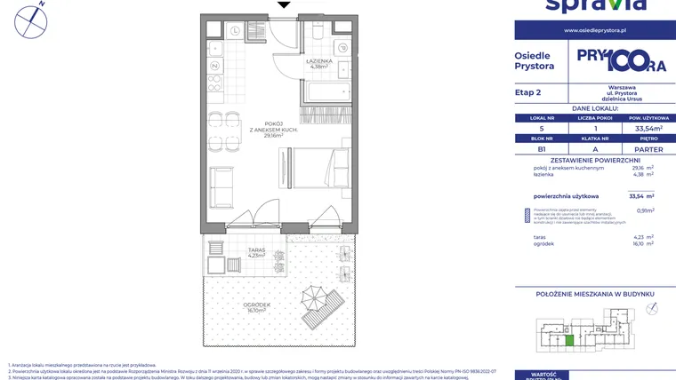 Rzut - Mieszkanie na sprzedaż 1 pokój o powierzchni 33,54 m² - numer B1_5 w Osiedle Prystora Etap 2