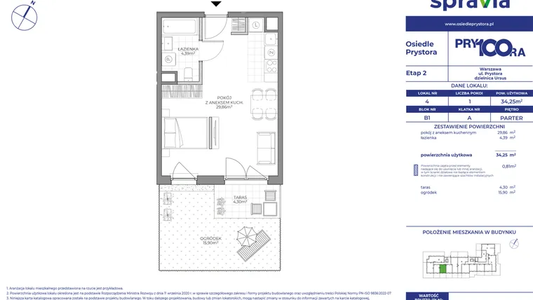 Rzut - Mieszkanie na sprzedaż 1 pokój o powierzchni 34,25 m² - numer B1_4 w Osiedle Prystora Etap 2