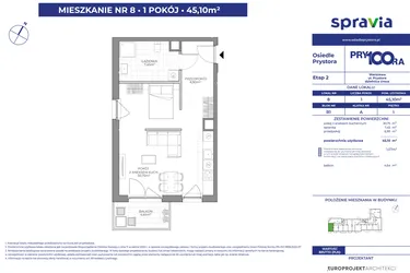 Rzut - Mieszkanie na sprzedaż 1 pokój o powierzchni 45,1 m² - numer B1_8 w Osiedle Prystora Etap 2
