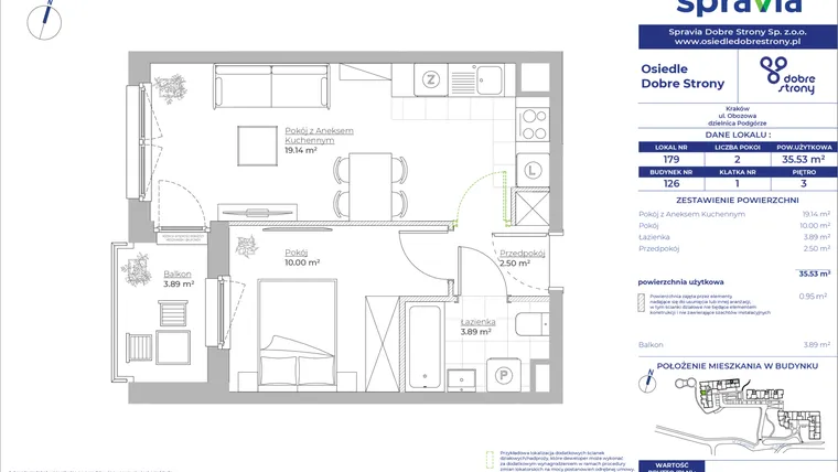 Rzut - Mieszkanie na sprzedaż 2 pokoje o powierzchni 35,53 m² - numer 126/179 w Dobre Strony