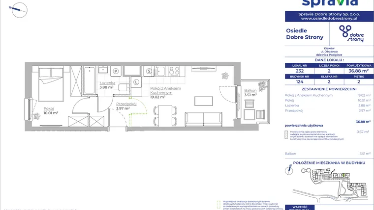 Rzut - Mieszkanie na sprzedaż 2 pokoje o powierzchni 36,88 m² - numer 124/232 w Dobre Strony