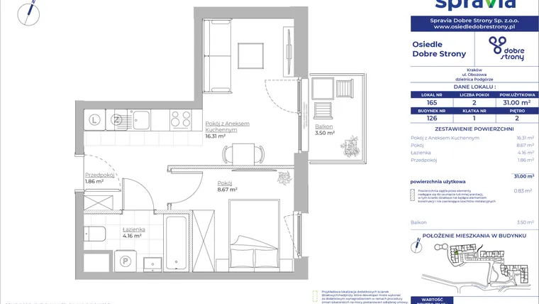 Rzut - Mieszkanie na sprzedaż 2 pokoje o powierzchni 31,12 m² - numer 126/165 w Dobre Strony