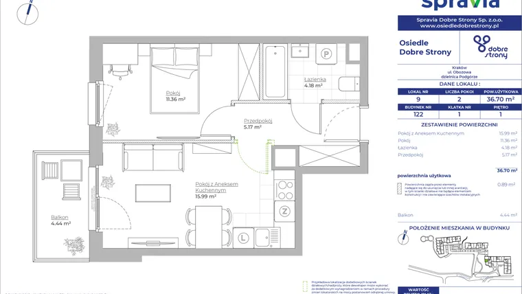 Rzut - Mieszkanie na sprzedaż 2 pokoje o powierzchni 36,7 m² - numer 122/9 w Dobre Strony