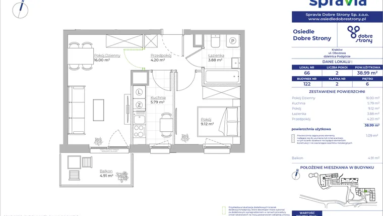Rzut - Mieszkanie na sprzedaż 2 pokoje o powierzchni 38,99 m² - numer 122/66 w Dobre Strony