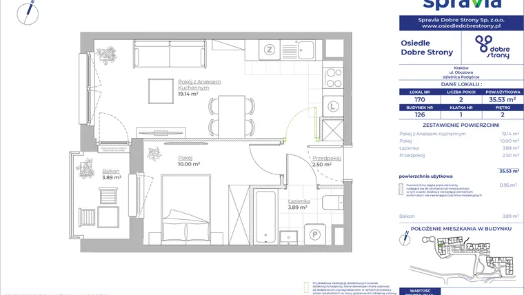 Rzut - Mieszkanie na sprzedaż 2 pokoje o powierzchni 35,53 m² - numer 126/170 w Dobre Strony