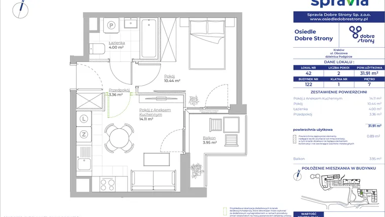 Rzut - Mieszkanie na sprzedaż 2 pokoje o powierzchni 31,91 m² - numer 122/42 w Dobre Strony