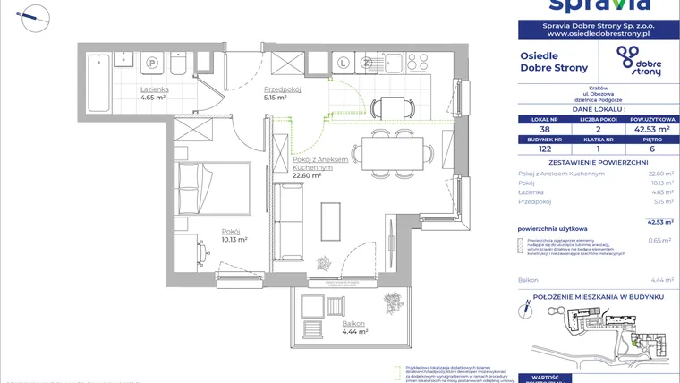 Rzut - Mieszkanie na sprzedaż 2 pokoje o powierzchni 42,53 m² - numer 122/38 w Dobre Strony