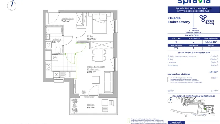 Rzut - Mieszkanie na sprzedaż 2 pokoje o powierzchni 43,46 m² - numer 122/7 w Dobre Strony