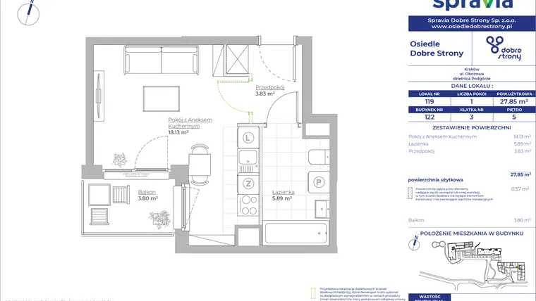 Rzut - Mieszkanie na sprzedaż 1 pokój o powierzchni 27,85 m² - numer 122/119 w Dobre Strony