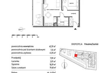 Rzut - Mieszkanie na sprzedaż 2 pokoje o powierzchni 42,39 m² - numer 1.4.5. w Dywizjonu 303