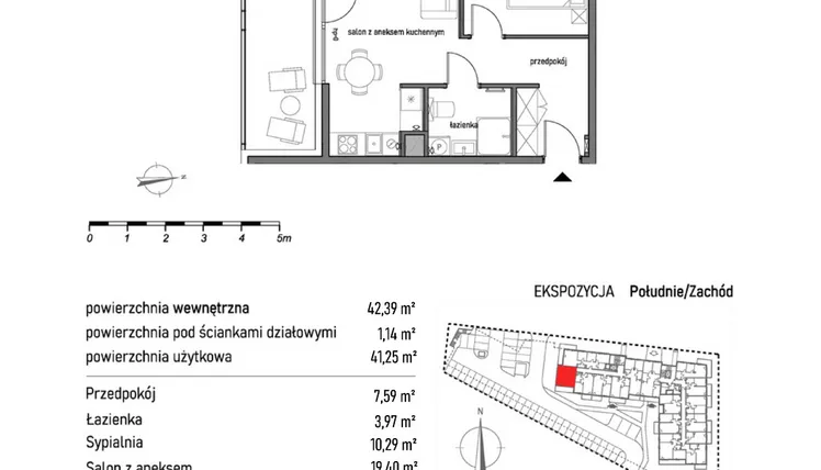 Rzut - Mieszkanie na sprzedaż 2 pokoje o powierzchni 42,39 m² - numer 1.4.5. w Dywizjonu 303