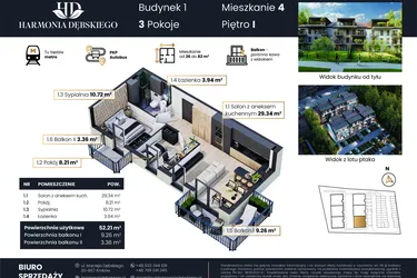 Rzut - Mieszkanie na sprzedaż 3 pokoje o powierzchni 52,21 m² - numer M1/4 w Harmonia Dębskiego