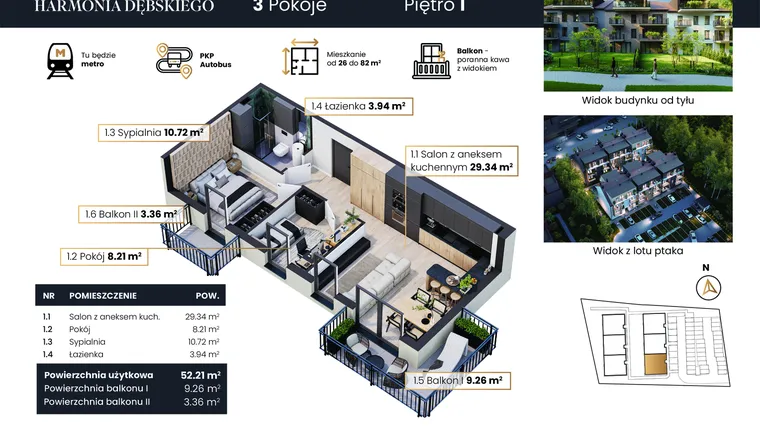 Rzut - Mieszkanie na sprzedaż 3 pokoje o powierzchni 52,21 m² - numer M1/4 w Harmonia Dębskiego