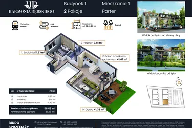 Rzut - Mieszkanie na sprzedaż 3 pokoje o powierzchni 56,66 m² - numer M1/1 w Harmonia Dębskiego