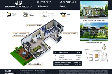 Rzut - Mieszkanie na sprzedaż 3 pokoje o powierzchni 56,66 m² - numer M2/1 w Harmonia Dębskiego